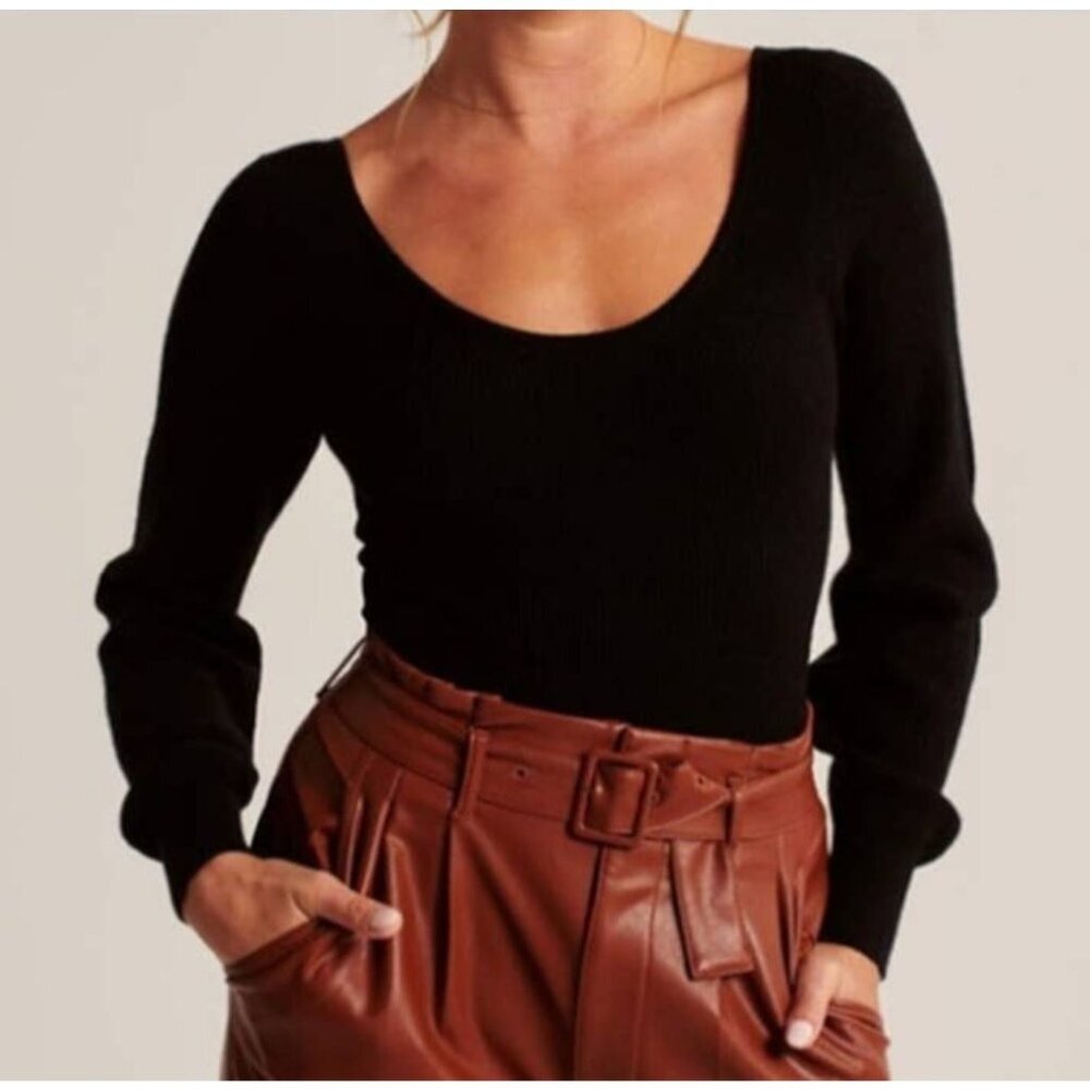 Abercrombie & Fitch‎ Scoop Neck Sweater Knit Bodysuit Long Balloon Sleeve Blk XS